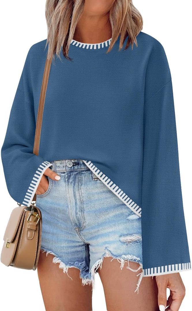 ZESICA Women's Oversized Long Sleeve Sweaters Fall Crewneck Color Block Loose Ribbed Knit Pullover Tops (L)