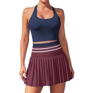 ATTRACO 2 Piece Tennis Dresses for Women High Waisted Pleated Skirt Sets Seamless Colorblock Golf Outfits (Medium, 2 Navy Blue/Wine Red)