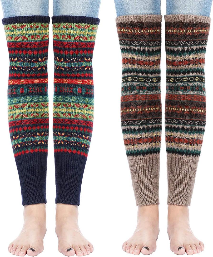 SATINIOR 2 Pairs Leg Warmers for Women Wool Leg Warmers Bohemian Winter Long Knit Boot Cuffs Socks for Women(Khaki, Navy Blue)