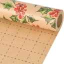 2 x LaRibbons Kraft Christmas Wrapping Paper Mini Roll, Holly Leaves and Red Berries Pattern, for Classic Christmas, Winter Holiday Gift Wrapping, 17" x 33' (46.7 sq. ft)