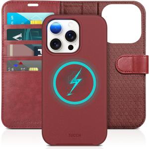 TUCCH Wallet Case for iPhone 15 Pro, [Removable] 2-in-1 Stand RFID Blocking 4 Card Slot Wireless Charging Protective Case, Magnetic PU Leather Detachable Folio Compatible with iPhone 15 Pro, Dark Red