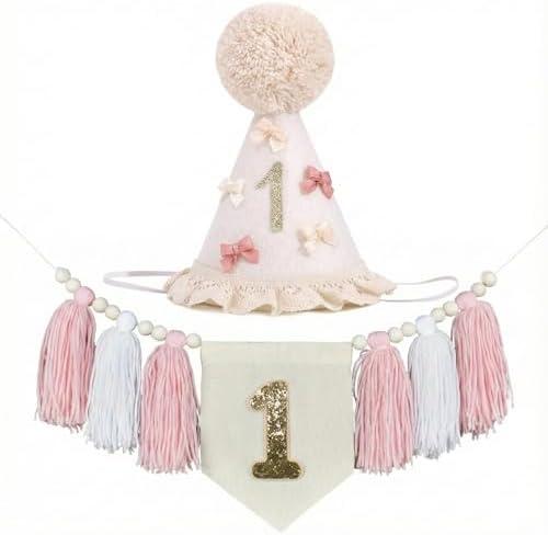 1st Birthday High Chair Banner with Cone Hat Boho Style Pink & White Wood Bead Tassel Garland first birthday decorations for girl One Year Old Outfit Photo Props Wall Hanging Party Decor