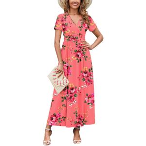 WEACZZY 2026 Summer Long Dresses for Women Wrap Empire Pleated Waist V Neck Short Sleeve Elegant Maxi Dress with Pockets (Small, Sugar Pink)