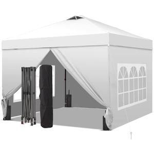 GDY 10x10 Pop Up Canopy Tent with 4 Sidewalls, Easy Set up with One Push Lift Outdoor Silver Coated Beach Gazebos, Carpas with 4 Sandbags, for Events, Parties, Camping, White.