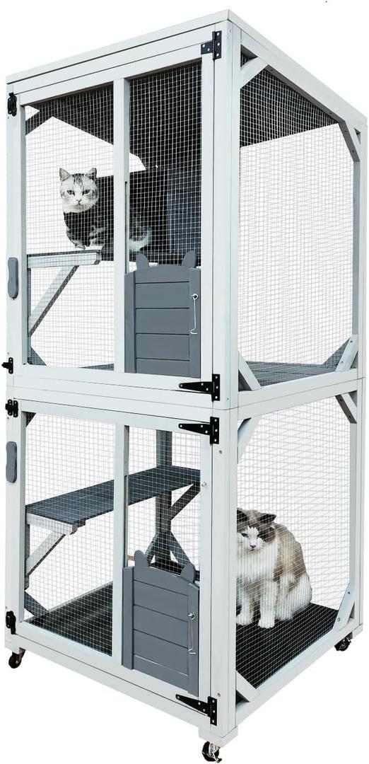 Outdoor Catio Cat Enclosures on Wheel, 71" Large Kitty House with Napping House, 4 Platforms & Weatherproof Asphalt Roof,Cat Condo Cage Shelter Playpen with Sliding Doors