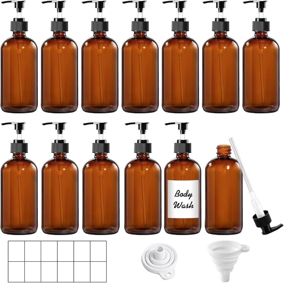 12 Pack Amber Glass Bottles 8oz with Pump Dispensers, Refillable Empty Pump Bottles for Bathroom, Kitchen, Shampoo, Soap, Lotion  Includes 2 Funnels & 12 Labels