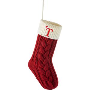 Edoneery Personalized Christmas Stockings with Initials, 18 Inches Xmas Embroidered Monogrammed Cable Knitted Stocking for Family, Holiday Hanging Decoration Gifts for Fireplace(Red and White T)