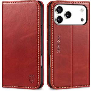 SHIELDON Case Wallet for iPhone 17 Pro Max 6.9-inch 5G | Genuine Leather, RFID Blocking Credit Card Holder, Folio Magnetic Cover, Kickstand, Shockproof, TPU Soft Phone Case 2025 - Retro Red
