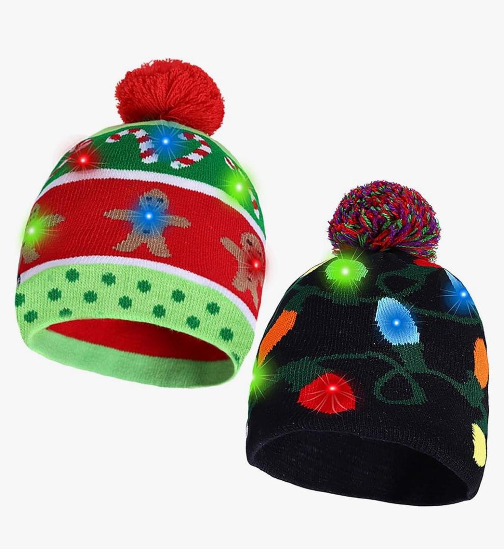 2 Pack Christmas LED Light-up Knitted Beanie Hat Colorful Flashing Holiday Xmas Christmas Party Supplies (One Size Fits More)