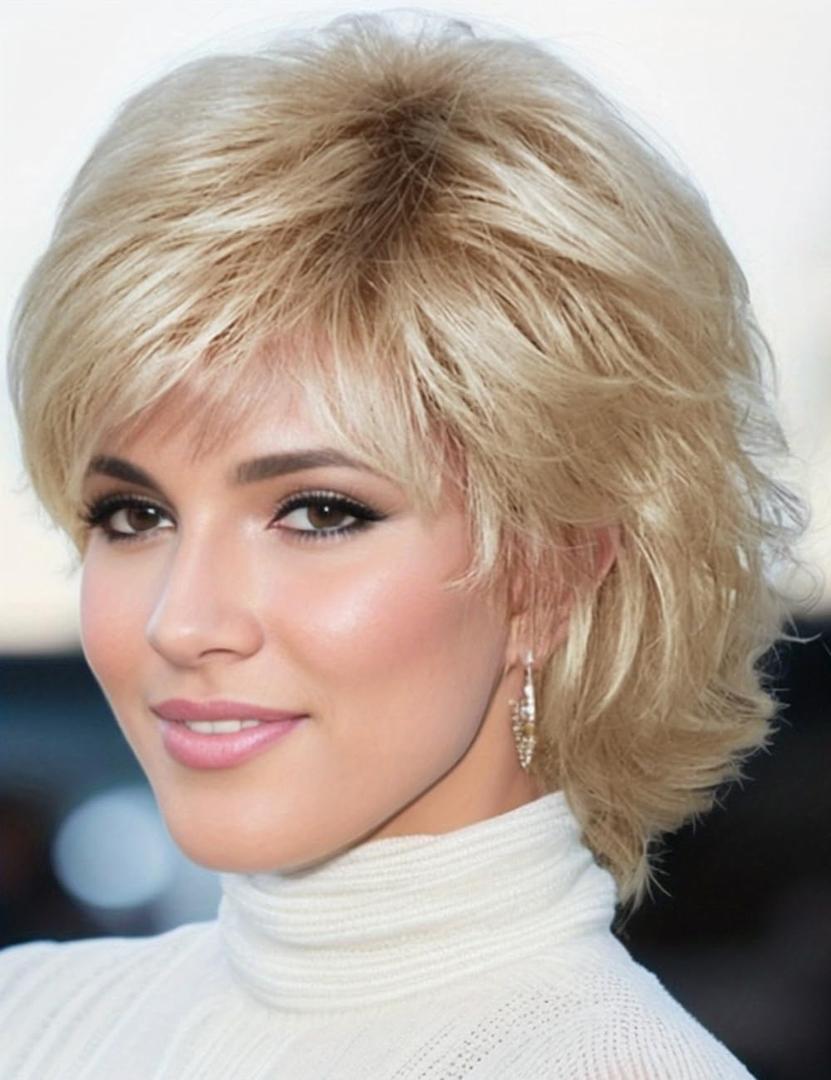 TISHINING Pixie Cut Short Ombre Blonde Curly Wigs for White Women Fluffy Layered Mixed Blonde Wig with Bangs Natural Looking Synthetic Daily Party Wig