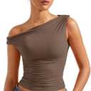 SUUKSESS Women Off Shoulder Tops Sleeveless Shirts Y2K Going Out Crop Tank Top (Small, Brown)