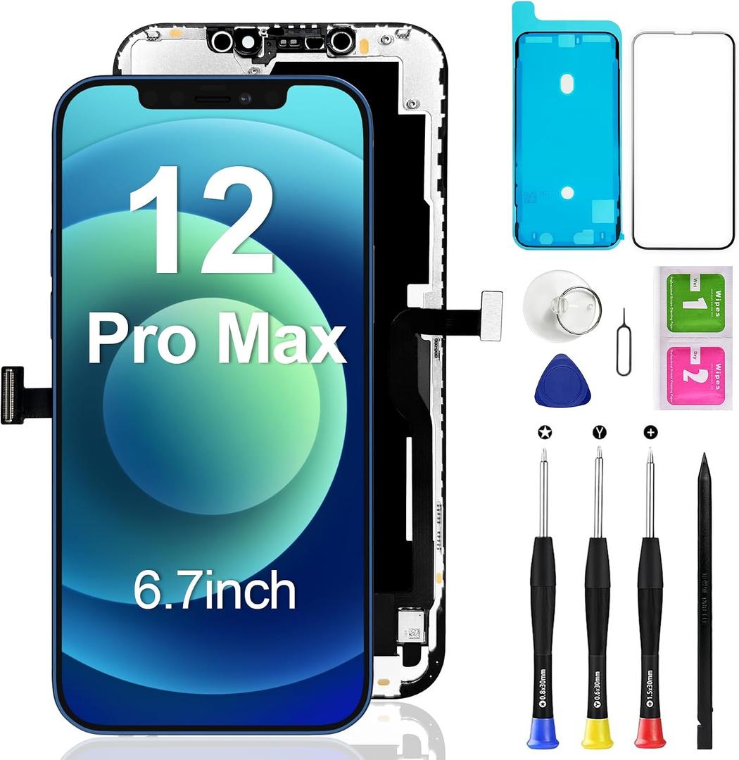 for iPhone 12 Pro Max Screen Replacement 6.7 inch, 3D Touch LCD Screen Display Digitizer Frame Assembly Repair Kit with Waterproof Seal+Repair Tools+Screen Protector for A2342, A2411, A2412, A2410