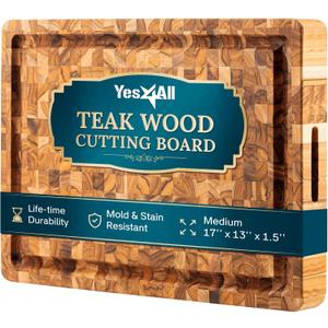 Yes4All Medium End Grain Teak Cutting Board for Kitchen, 17''L x 13''W x 1.5 Thick, Durable Wood with Juice Grooves, Pre-Oiled, Easy Grip Handles, Essential Kitchen Utensils Set