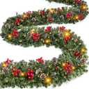 Timer & 8 Modes-9 Ft by 10 Inch Christmas Garland Decorations 50 Warm White Lights Lighted 270 Branch 70 Red Berries 10 Pinecone Mantle Xmas Garland Christmas Decor