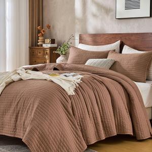 DOWN HOME Queen Quilt Bedding Set with Shams, Vintage Washed Quilted Blanket Thin Comforter Lightweight Bedspread Coverlet Bed Cover, Brushed Microfiber Stripe Stitching, Terracotta Brown, 86"x90"