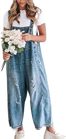 chouyatou Women Loose Adjustable Strap Denim Bib Overall Jeans Distressed Wide Leg Baggy Overalls Jumpsuit, 2XL