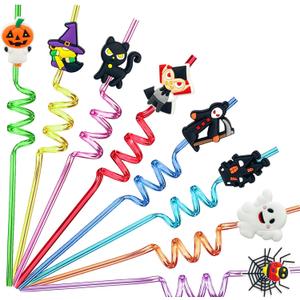 24 PCS Reusable Straws for Halloween Theme Party Birthday Decorations with 2 PCS Cleaning Brushes (Halloween Pumpkin)