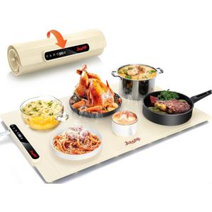 Food Warming Mat 24x16 Inches, Electric Warming Tray with 7 Temps, Foldable Food Warmer for Parties, Buffets, Family Gatherings, Holiday & Sabbath, Child Lock, Heating Mat for Food, Beige