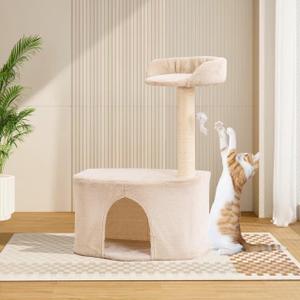 Small Cat Tree Tower with Sisal Scratching Post for Indoor Cats, Cat Condo Cave House with Perch and Playful Toy Feather, Beige (21.25x14.17x33 inch)