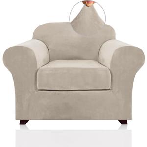 PrinceDeco Velvet Plush Couch Cover Stretch 2 Piece Chair Cover Chair Slipcover Washable Furniture Protector Couch Soft with Elastic Bottom Armchair Cover Width Up to 49 Inch(Small, French Oak)