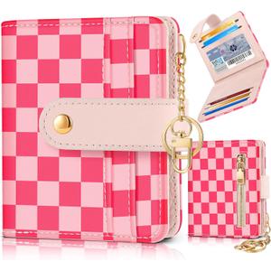 Bistup Wallet for Women Cute Bifold Small Card Wallet Rfid with Keychain for Ladies Teen Girls Female Medium Girly Aesthetic Thin Slim Checkered Plaid Unique Pretty Leather Credit Card Holder Purse