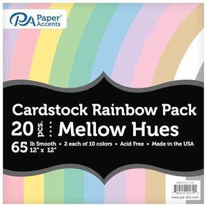 Accent Design Paper Accents Variety Pack, 12x12, 20pc, 65lb Rainbow Cardstock, Mellow Hues - Card Stock, Colored Paper, Cardstock Paper for Scrapbooking & Crafts