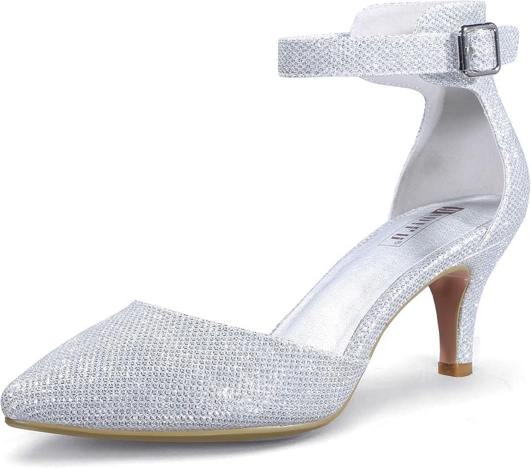 IDIFU Women's IN3 D'Orsay Pumps Low Kitten Heels for Women Dress Shoes Pointed Closed Toe Wedding Bride Ankle Strap Dressy Silver Black Nude White Gold Heels for Women (9)