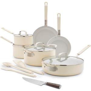 GreenPan x Bobby Flay 13 Piece Cookware Pots and Pans Set and 8" Chef's Knife. PFAS & PFOA-Free Ceramic Nonstick, Induction Suitable, Stay-Cool Silicone Handle, Dishwasher & Oven Safe, Cream