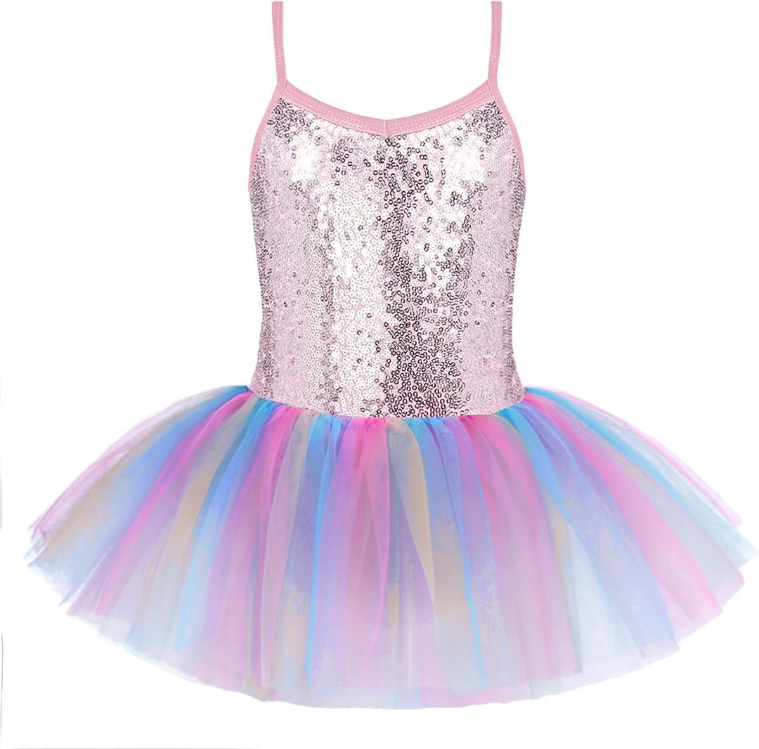 Zaclotre Little Girls Sequin Leotard Sparkly Strap Ballet Leotards Tutu Dress Ballerina Outfit Dance Costume for Kids 6-7Y
