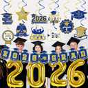Blue and Gold 2026 Graduation Decorations Set - 2026 Grad Banner, Grad Hanging Swirls and 2026 Foil Balloons for College High School 2026 Graduation Party Decorations Blue and Gold
