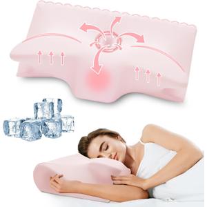 Cervical Pillow for Neck Pain Relief, Cooling Contour Memory Foam Pillows Support Odorless Ergonomic Neck Pillow Adjustable Orthopedic Bed Pillow for Side Back Stomach Sleeper with Pillowcase (Pink)
