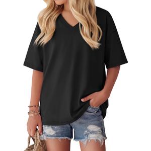 Oakgarden Girls' Shirts 5-14 Years Oversized Short Sleeve Summer T-Shirts V Neck Drop Shoulder Top Kids Casual Basic Cute Tee (Black)