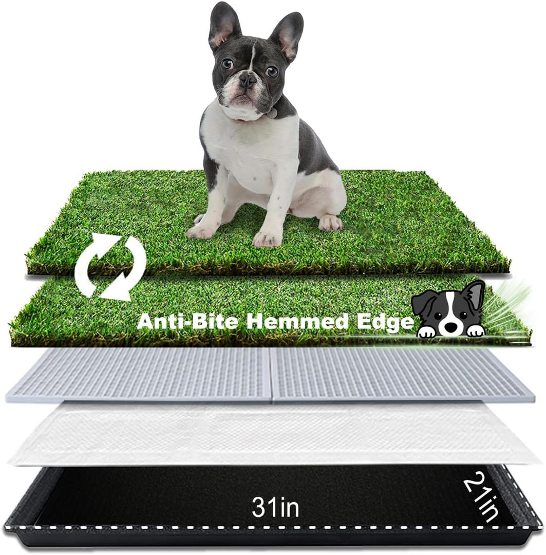HQ4us Dog Grass Pad with Tray Medium 3121 Dog Litter Box Toilet with 2Artificial Grass for Dogs with Hemmed Edge, Pee Pads for Dogs, Realistic, Less Stink, Potty for Balcony