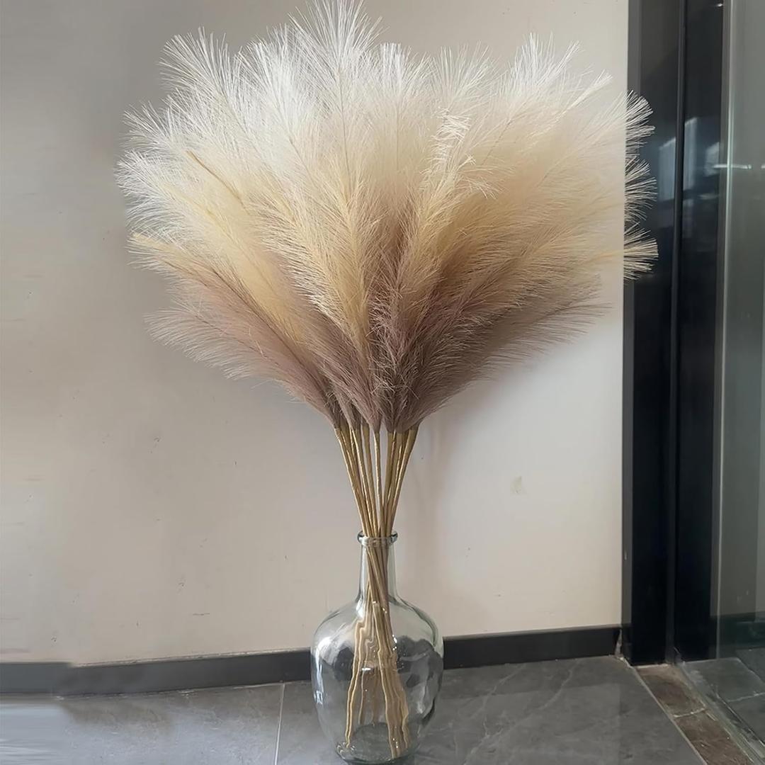 38" 10 Stems Faux Pampas Grass Decor - Tall Pampas Grass for Floor Vase, Boho Home Wedding Mothers Day Decoration (Beige Mixed) (Beige & Coffee & Brown)