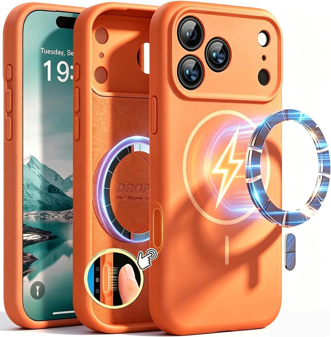 Magnetic for iPhone 17 Pro Max Case Silicone, Compatible with MagSafe, Integrated Camera Control Cover, Full Body Protective 3.0mm Thicken Shockproof Phone Cover for 17 ProMax 6.9'', Orange