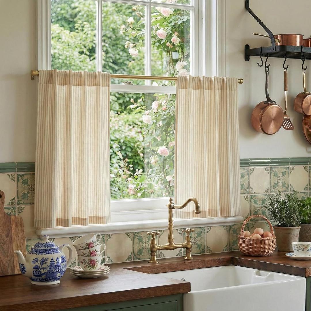 RYB HOME Kitchen Striped Curtains for Cafe Bathroom Small Window, Linen Pinstripe Drapes Valance 36 inch Length for Living Room Short Tier Boho Rustic Farmhouse, Yellow, W26 x L36, 2 Panels