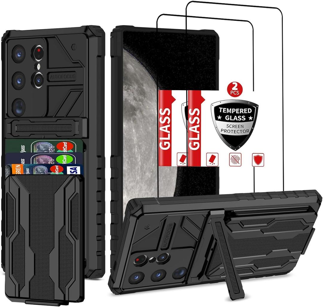 Wallet Case for Samsung Galaxy S24 Ultra with Card Holder, Military Grade Shockproof Samsung S24 Ultra Case with Tempered Glass Screen Protector [2 Pack], Built-in Phone Kickstand, Black