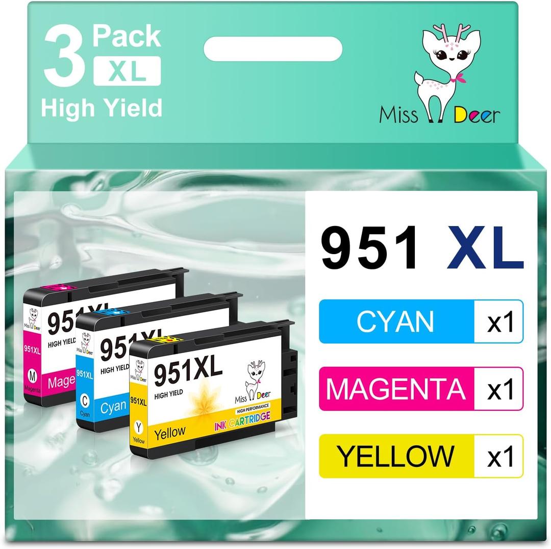 Miss Deer 951 XL Color Ink Cartridges 3 Pack, Compatible for Hp 950 951 Ink Cartridges Combo Pack, Work for Officejet Pro 8610 8600 8620 8625 8100 Printers (Cyan,Magenta,Yellow)