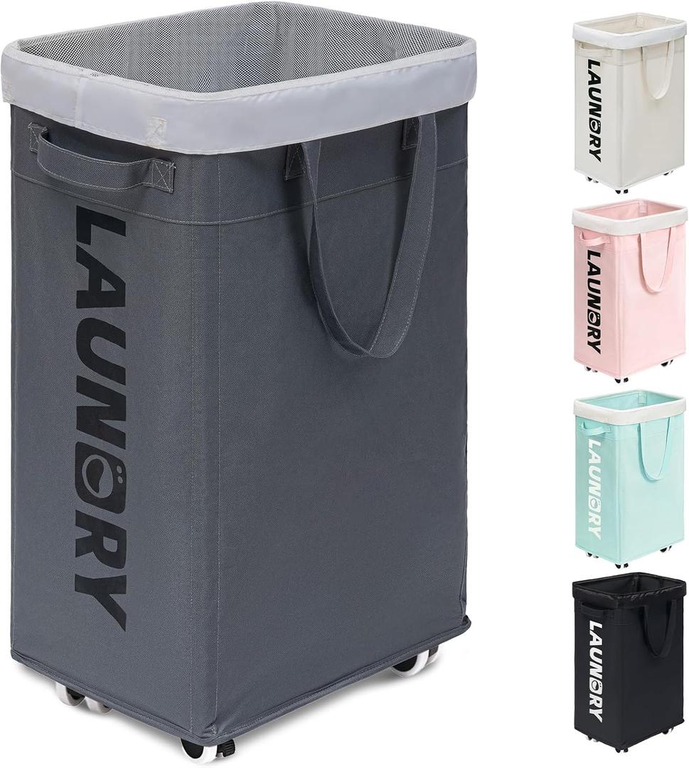 Goodpick Laundry Basket with Wheels, Laundry Hamper with Removable Wash Bag, Clothes Hamper, Rolling Laundry Basket, Dorm Room Essentials, 75L, Grey