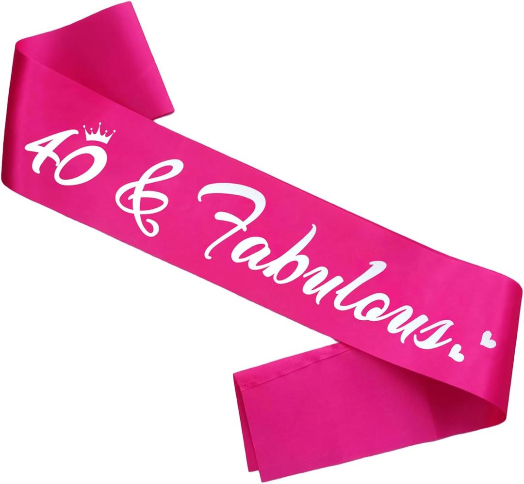2 x 40 & Fabulous Birthday Sash, 40th Birthday Gifts idea for women, Funny 40th Birthday Party Suppiles, Hot Pink+ Silver(40 & Fabulous)