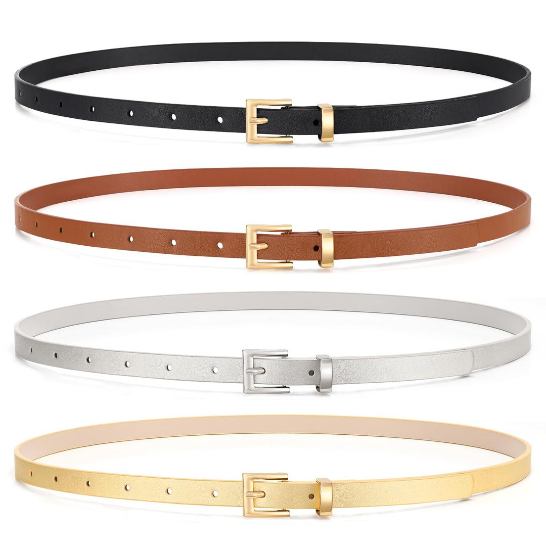 WHIPPY Set of 4 Women Skinny Belts Thin Leather Waist Belt with Alloy Pin Buckle for Pants Jeans Dresses, Black/Brown/Gold/Silver,Fits Waist 23"-26"