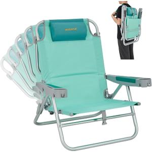 #WEJOY Beach Chair with Backpack Straps, Heavy Duty Backpack Beach Chairs for Adults with 5 Positions, Lay Flat Chair with with Cup Holder Pillow, Support to 300LBS, Cyan