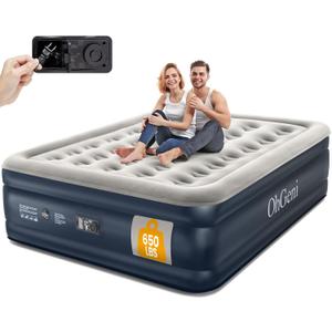 OhGeni Air Mattress Queen with Built in Pump, Blow Up Colchones Inflables Mattress for Guests, Portable Air Mattresses with Carrying Bag, 18" Raised Elevated Air Bed for Camping, Dark Blue