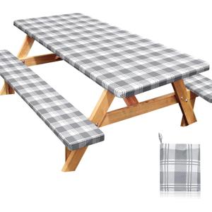 Picnic Table Cover with Bench Covers Windproof Waterproof Picnic Table Covers Camping Tablecloth with Self-Storage Bag, 72in, Light Grey