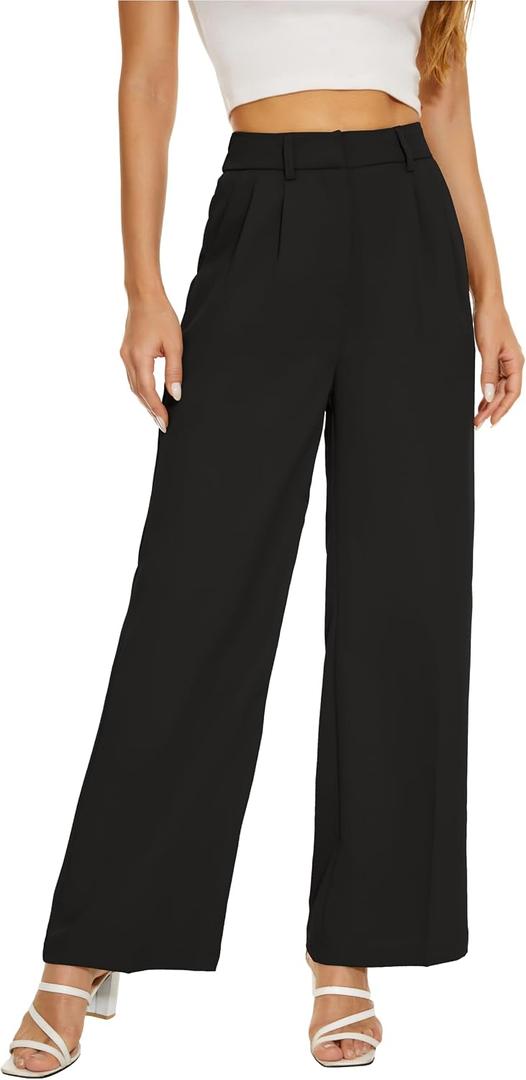 KICZOY Women Wide Leg High Waist Wide Leg Pants Loose Fit Back Elastic Waist Pleated Front Trousers for Work Casual (Black, L)