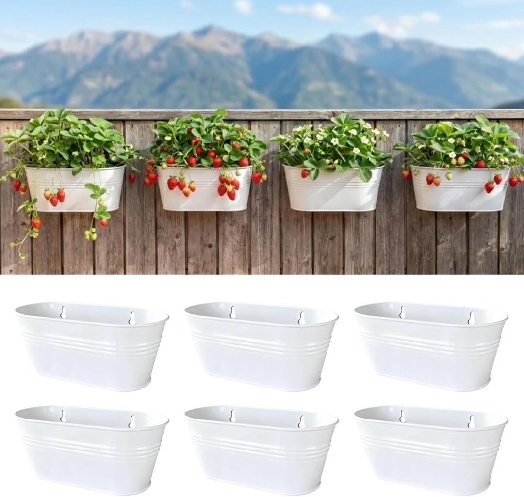 LaLaGreen Wall Planter (9.8 Inch, 6 Pack) White Oval Metal Pot Hanging Decor Flower Railing Fence Pots Mounted Indoor Plant Holder Porch Decorations Drainage Garden Plants Planters Balcony Home Yard