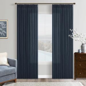 Navy Blue Pinch Pleated Linen Curtains 2 Panels Set for Living Room Bedroom Modern Memory Trained Semi Sheer Light Filtering Window Drapes with Hooks & Rings for Dining Room 50x84 Dark Blue Indigo