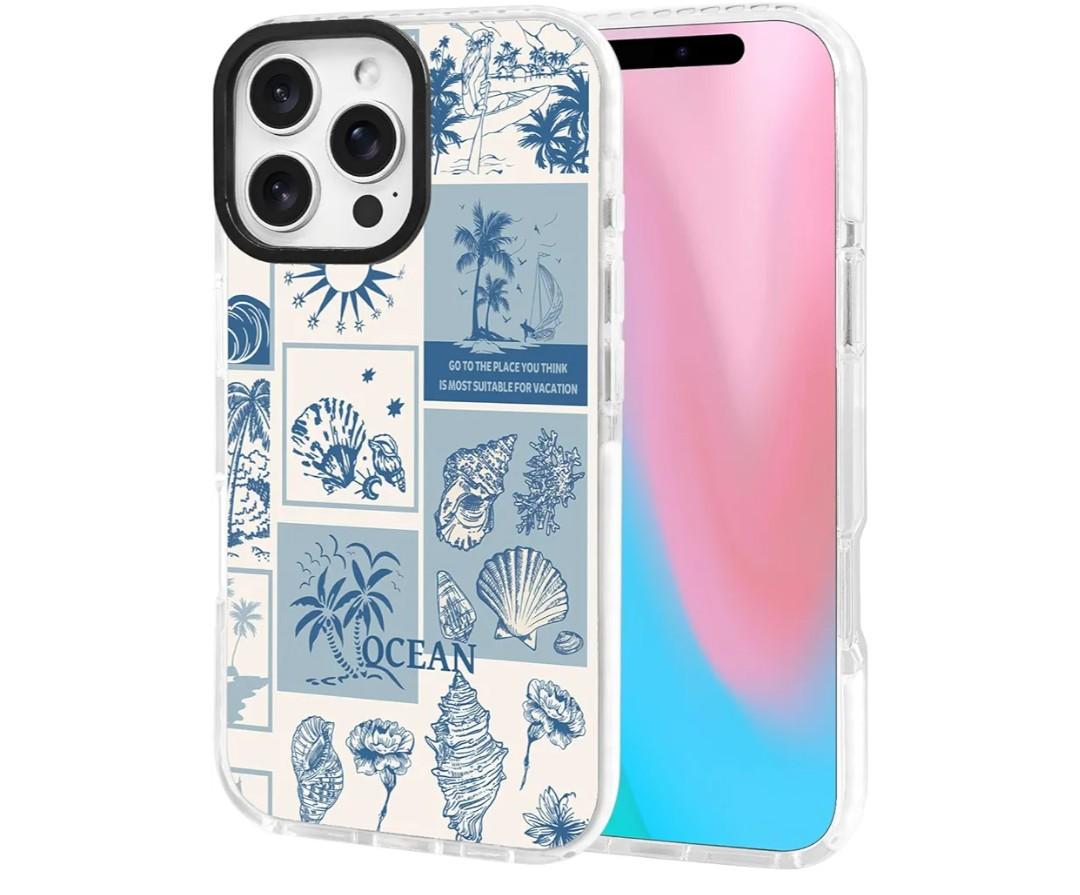 ChiCsFleur for iPhone 16 Pro Max Case, TPU Phone case with Camera Protection for Women Girls Teens - Blue Coastal Holiday Palm Shell Sailor Moon Collage Ocean Gift Vintage Sorority Aesthetic Unique