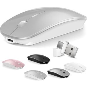 Bluetooth Wireless Mouse for MacBook Air Mac Pro Laptop Computer iPad Pad PC Optical Rechargeable Silent Mouse with Dual Mode Switch Mouse Bluetooth 5.2/ 3.0 and 2.4GHz USB Type-C Receiver (Silvery)