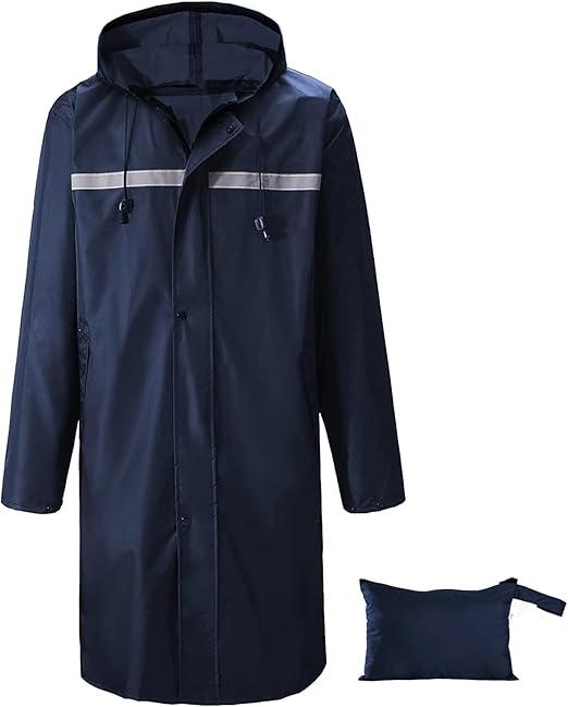 Men’s Waterproof Hooded Raincoat, Lightweight Packable Windproof Long Rain Jacket with Reflective Strip, Large